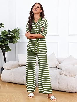Tankaneo Womens Knit 2 Piece Lounge Sets Striped Short Sleeve Tops and Wide Leg Pants Travel Airp... | Amazon (US)