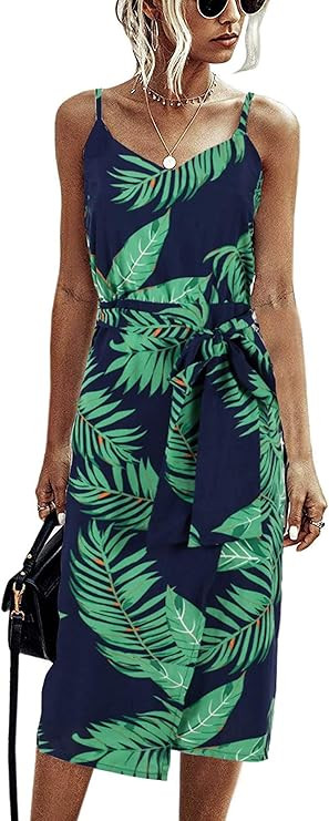 Angashion Women's Dresses - Sexy V Neck Spaghetti Strap Floral Leopard Printed Split Party Tulip ... | Amazon (US)