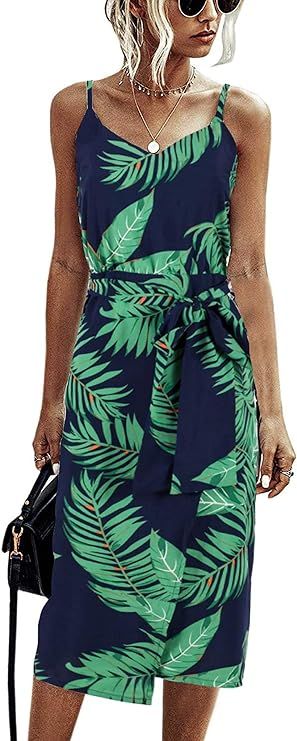 Angashion Women's Dresses - Sexy V Neck Spaghetti Strap Floral Leopard Printed Split Party Tulip ... | Amazon (US)