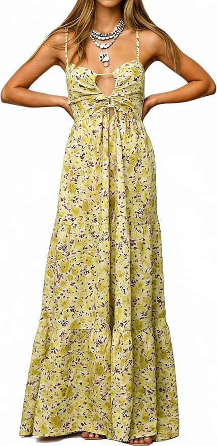 Womens Summer Floral Spaghetti Strap Backless Low Cut Smocked Milkmaid Flowy Beach Sundresses | Amazon (US)