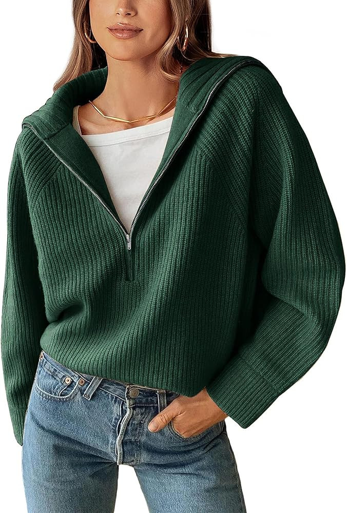 BTFBM Women’s Casual Long Sleeve Half Zip Pullover Sweaters Solid V Neck Collar Ribbed Knitted ... | Amazon (US)