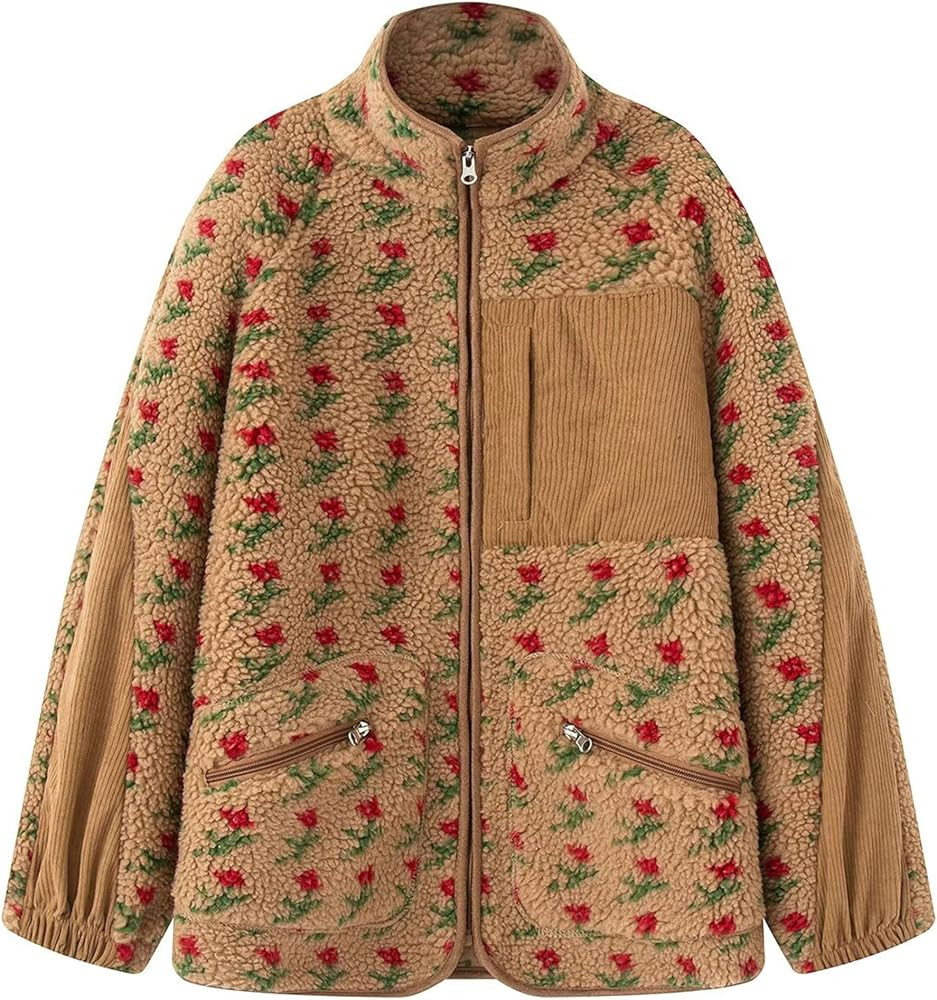 Womens Sherpa Jacket Full Zip Floral Stand Collar Casual Fuzzy Fleece Coats Outerwear with Pocket... | Amazon (US)