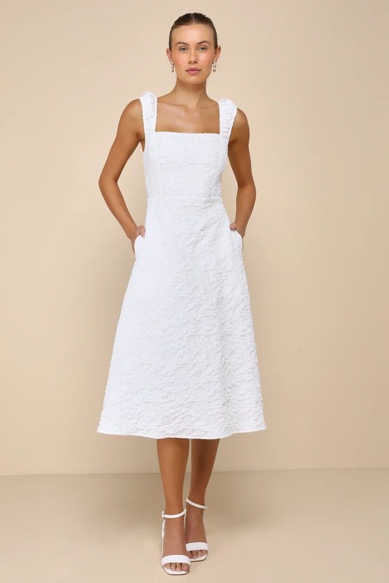 Springtime Aura White Jacquard Lace-Up Midi Dress with Pockets | Lulus