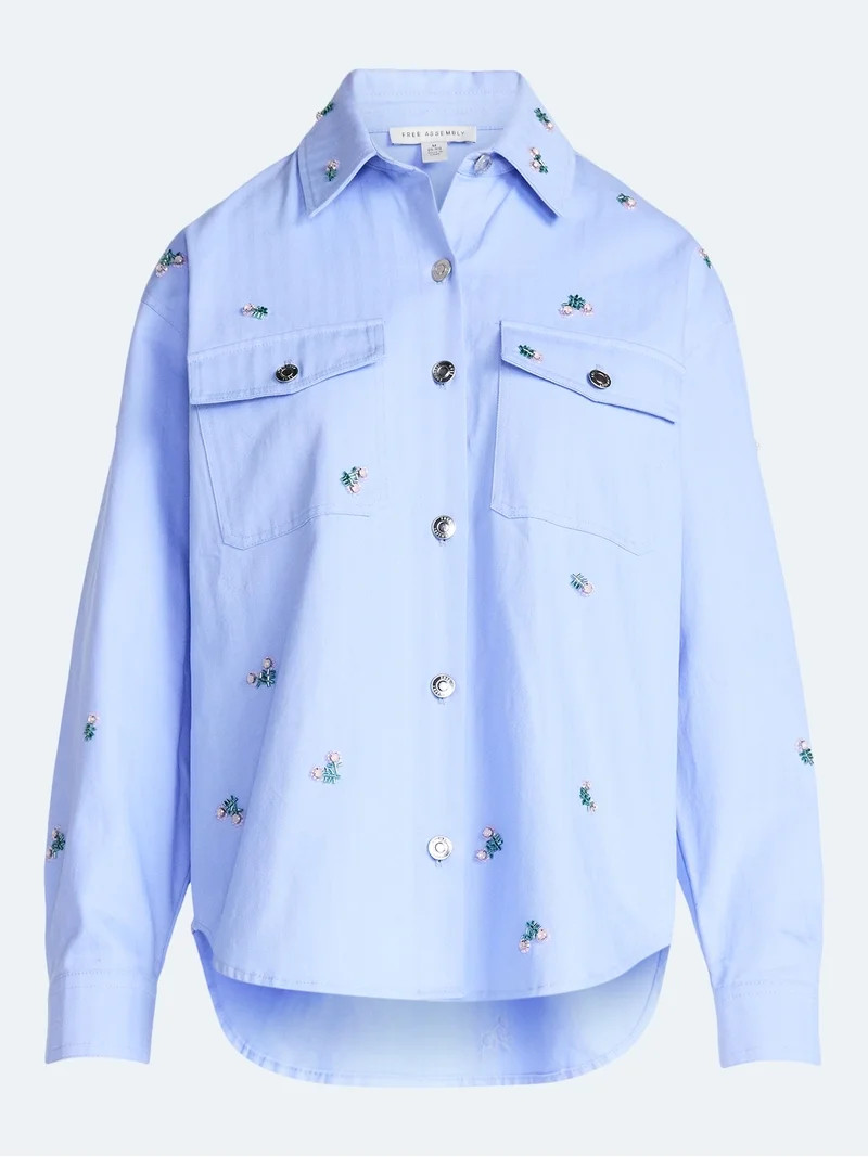 Free Assembly Women's and Women's Plus Embellished Cotton Utility Shirt with Long Sleeves, Sizes ... | Walmart (US)