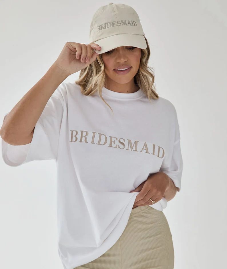 BRIDESMAID Embroidered Tee, Bridesmaid T-shirt, Crewneck Bridesmaid T-shirt, Hen Party Outfit, Br... | Etsy (US)
