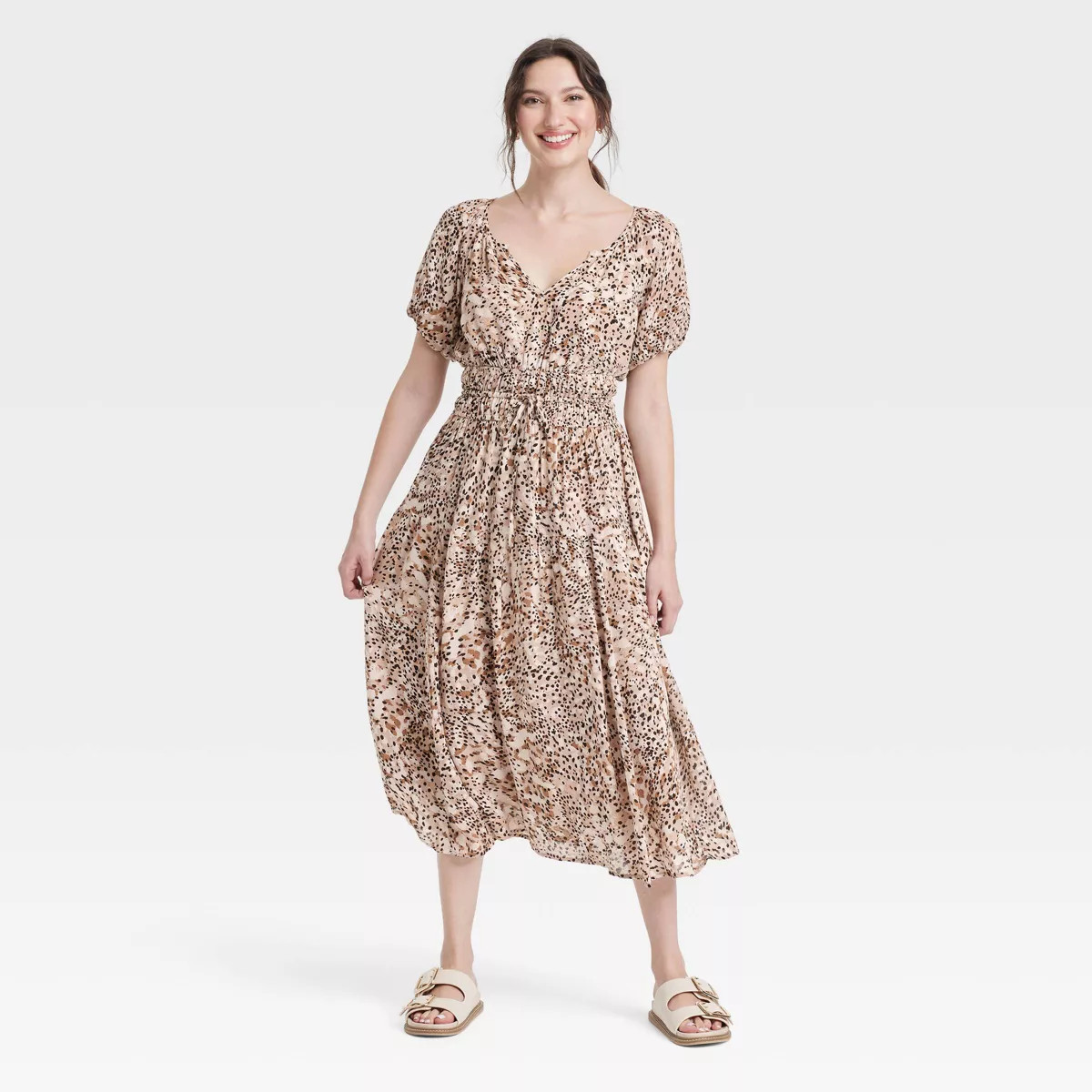 Women's Puff Short Sleeve Drop Tiered Midi A-Line Dress - Universal Thread™ Brown Leopard Spot ... | Target