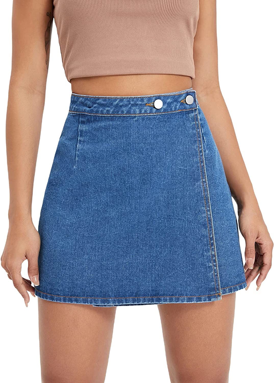 WDIRARA Women's High Waisted A-Line Button Wrap Denim Jean Skirt Mini Skirt | Amazon (US)