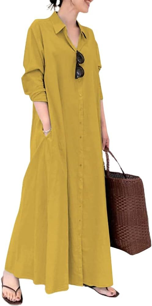 chouyatou Women's Basic Loose Fit Long Sleeve Button Up Maxi Shirt Dress with Pockets | Amazon (US)