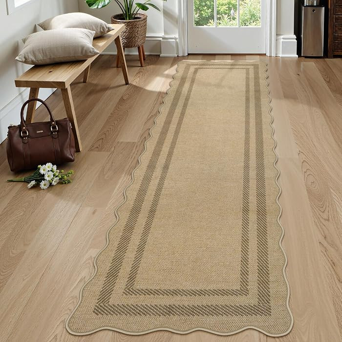 LIVEBOX Scalloped Washable 2x8 Kitchen Runner Rug, Easy Jute Geometric Tan Rugs for Hallway Runne... | Amazon (US)