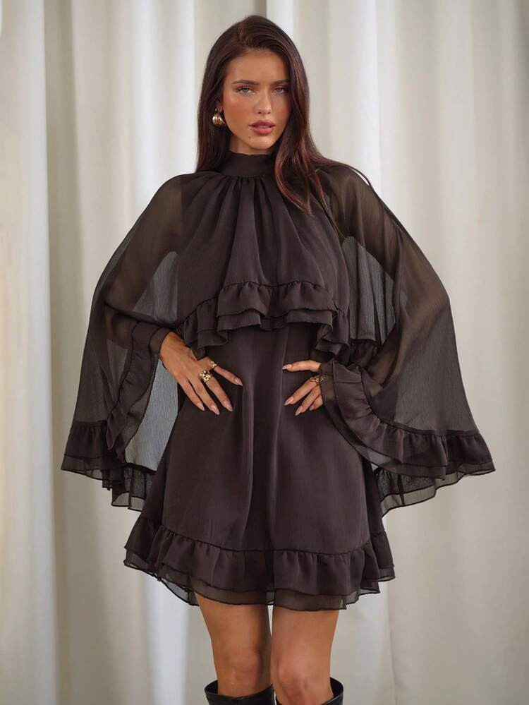 Aloruh Coffee-Color Chiffon 2 In 1 Cape Dress, Long Sleeve Elegant Office Commuter Dress For Spring | SHEIN