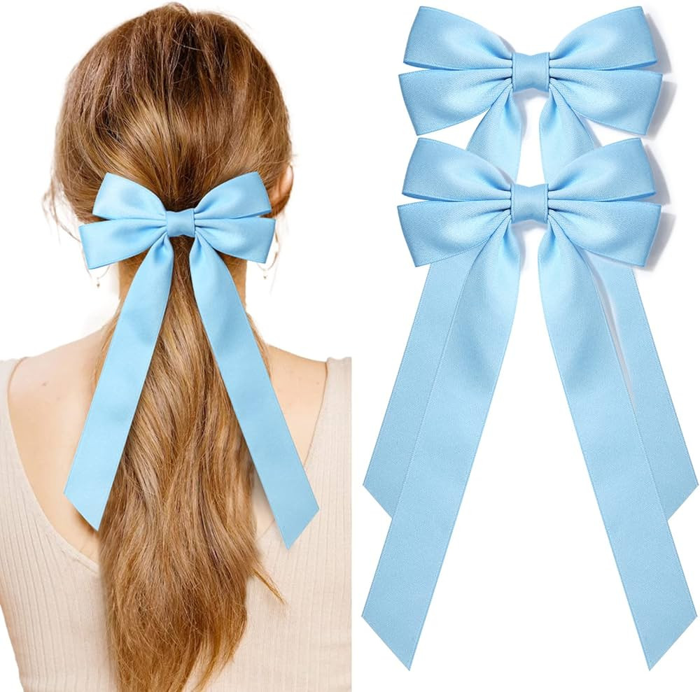 2PCS Silky Satin Hair Bows Blue Hair Ribbon Clips for women Ponytail Holder Hair Accessories Alli... | Amazon (US)