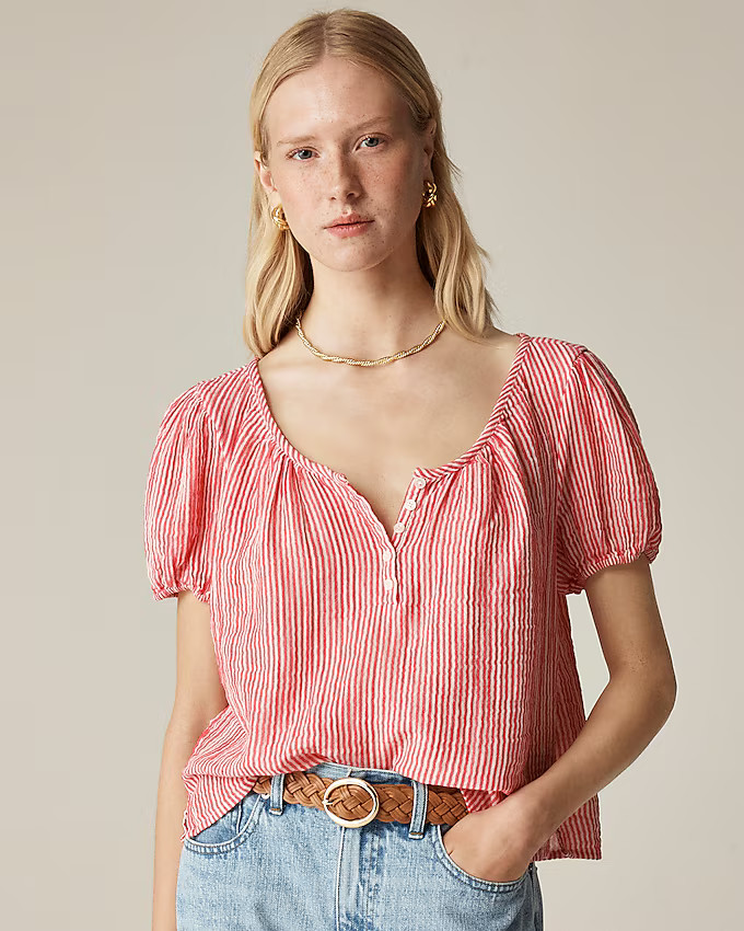 Puff-sleeve henley in striped gauze | J. Crew US