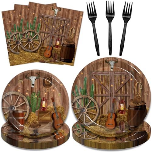 Kepeel 96 Pcs Western Party Plates, Western Cowboy Birthday Party Decorations Supplies Rustic Wild West Birthday Party Paper Plates Napkins Wooden House Barn Door Baby Shower Tableware, Serves 24 | Amazon (US)