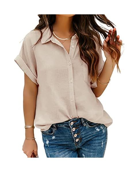 Zeagoo Women Linen Button Down Shirt Rolled Cuffed Short Sleeve Blouse Ladies Summer Casual V Nec... | Amazon (US)