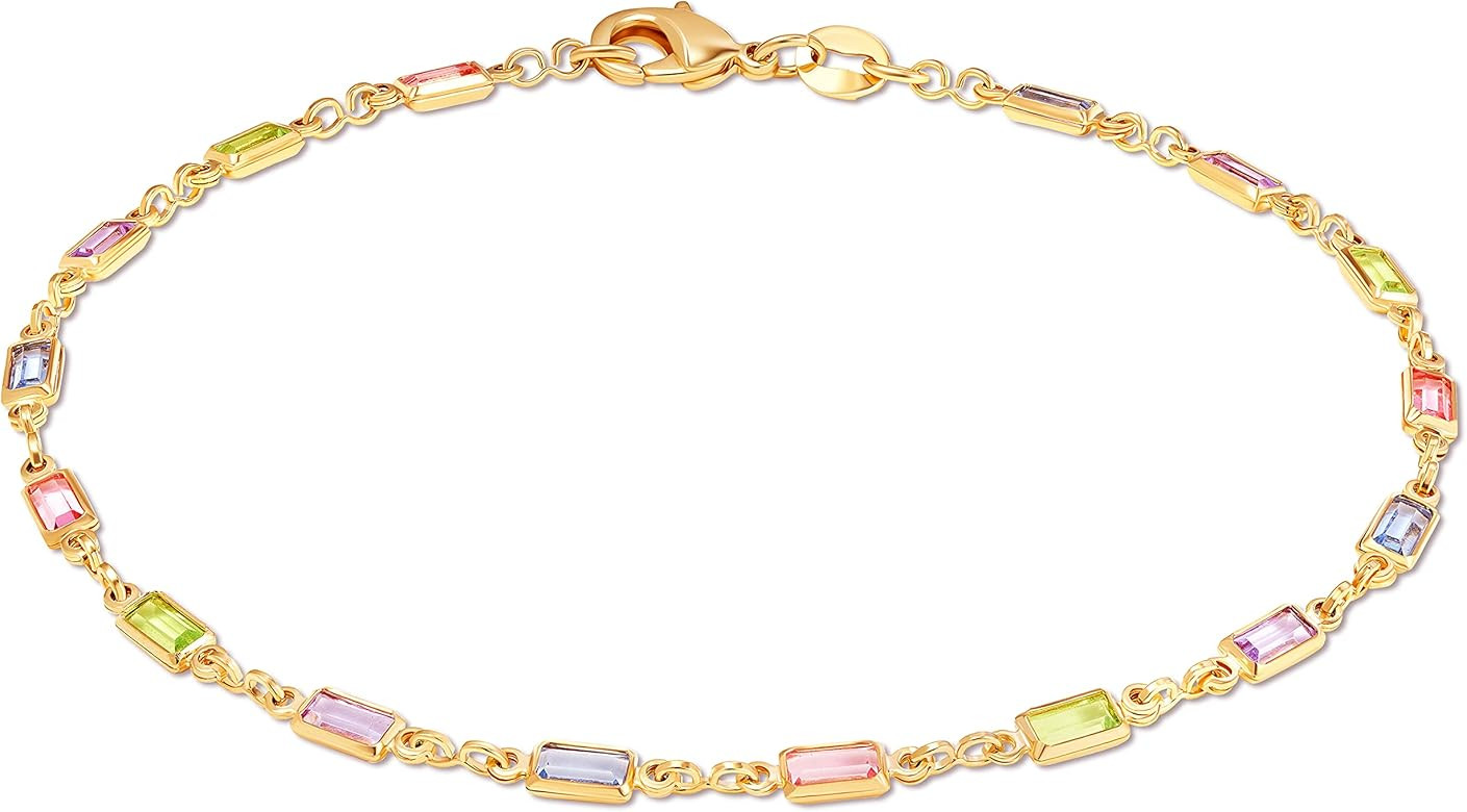 Barzel 18K Gold Plated Gold and Multi Color Crystal Baguette Anklet | Amazon (US)