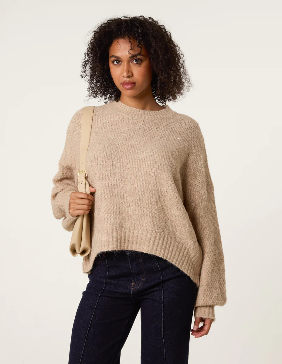 Beige | Round Neck Sequin Detailed Jumper | Blue Vanilla | Blue Vanilla