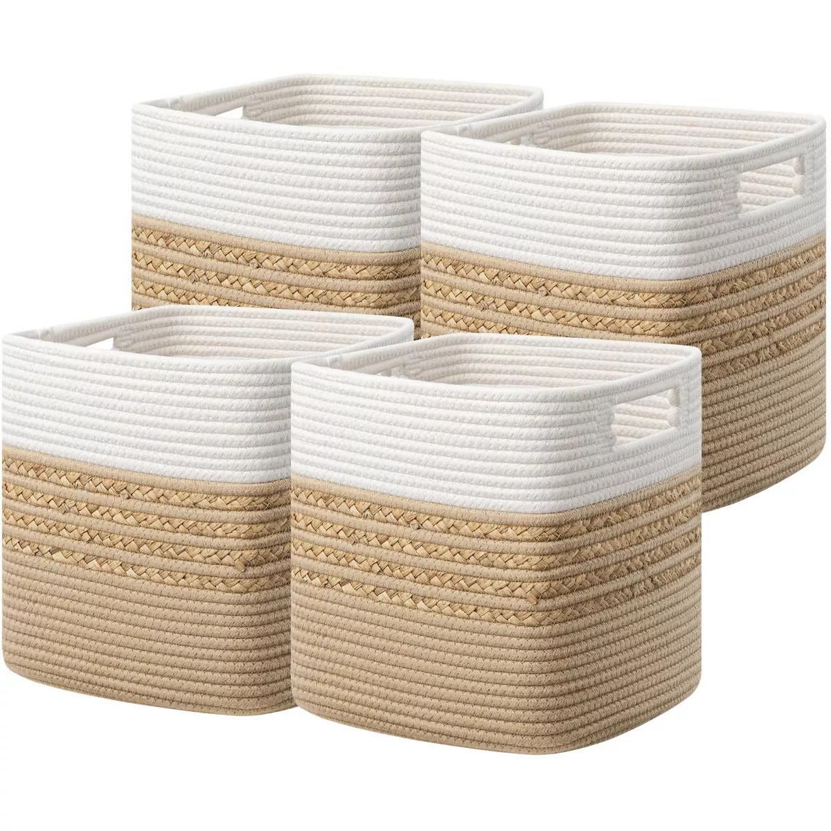 Aoibox Set of 4 Water Hyacinth Storage Cubes 13 x 13 x 13 Inch Woven Cotton Rope Baskets with Han... | Target