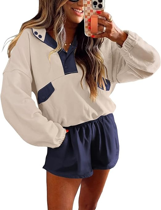 miduo Womens Color Block Two Piece Sets Long Sleeve Oversized Sweatshirts Pullover and Shorts Set... | Amazon (US)