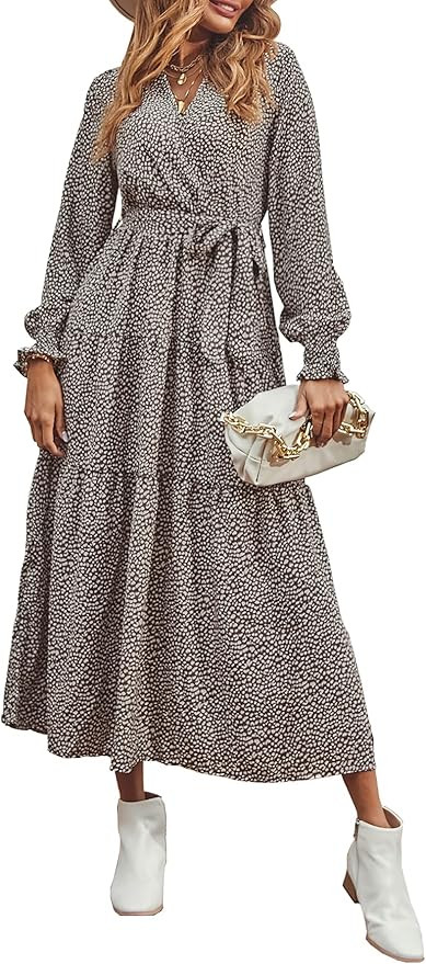 BTFBM Women's Casual Dresses Long Sleeve Wrap V Neck Floral Print Bohemian Swing A-Line Pleated H... | Amazon (US)