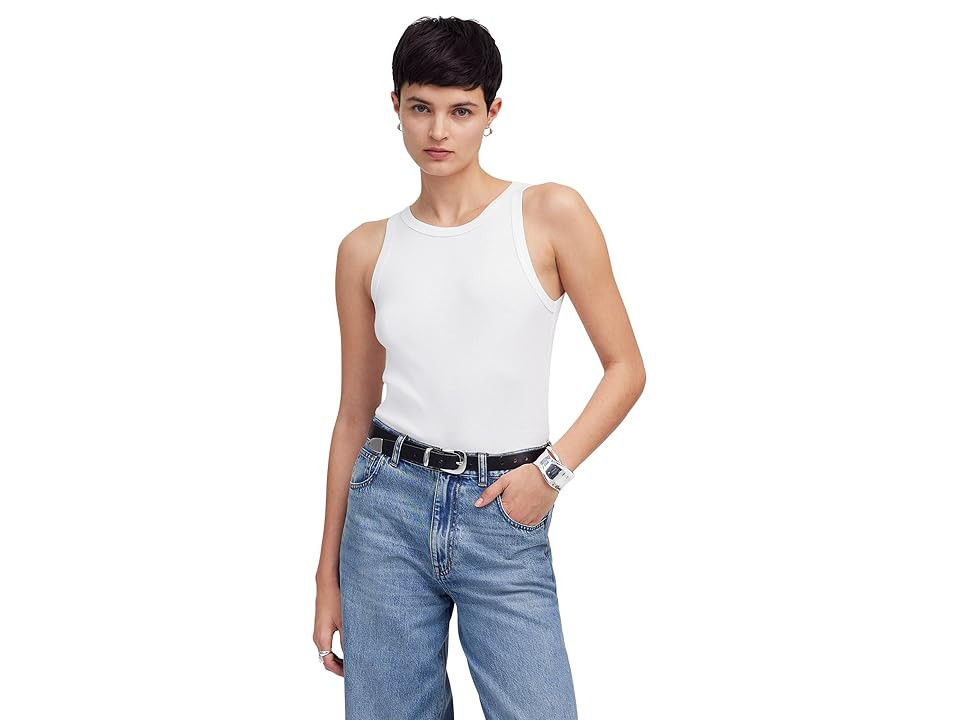 Madewell Brightside High Neck Tank Top Women's Clothing White : XL (Women's 14-16), Cotton/Denim/Elastane | Zappos