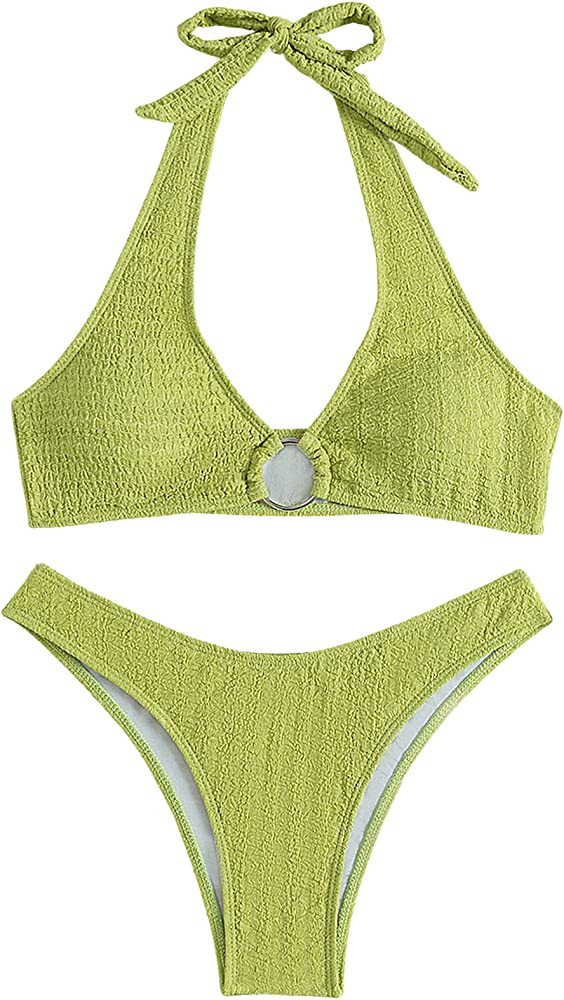 SweatyRocks Women's 2 Piece Swimsuit Solid Halter High Cut Bikini Bathing Suit | Amazon (US)