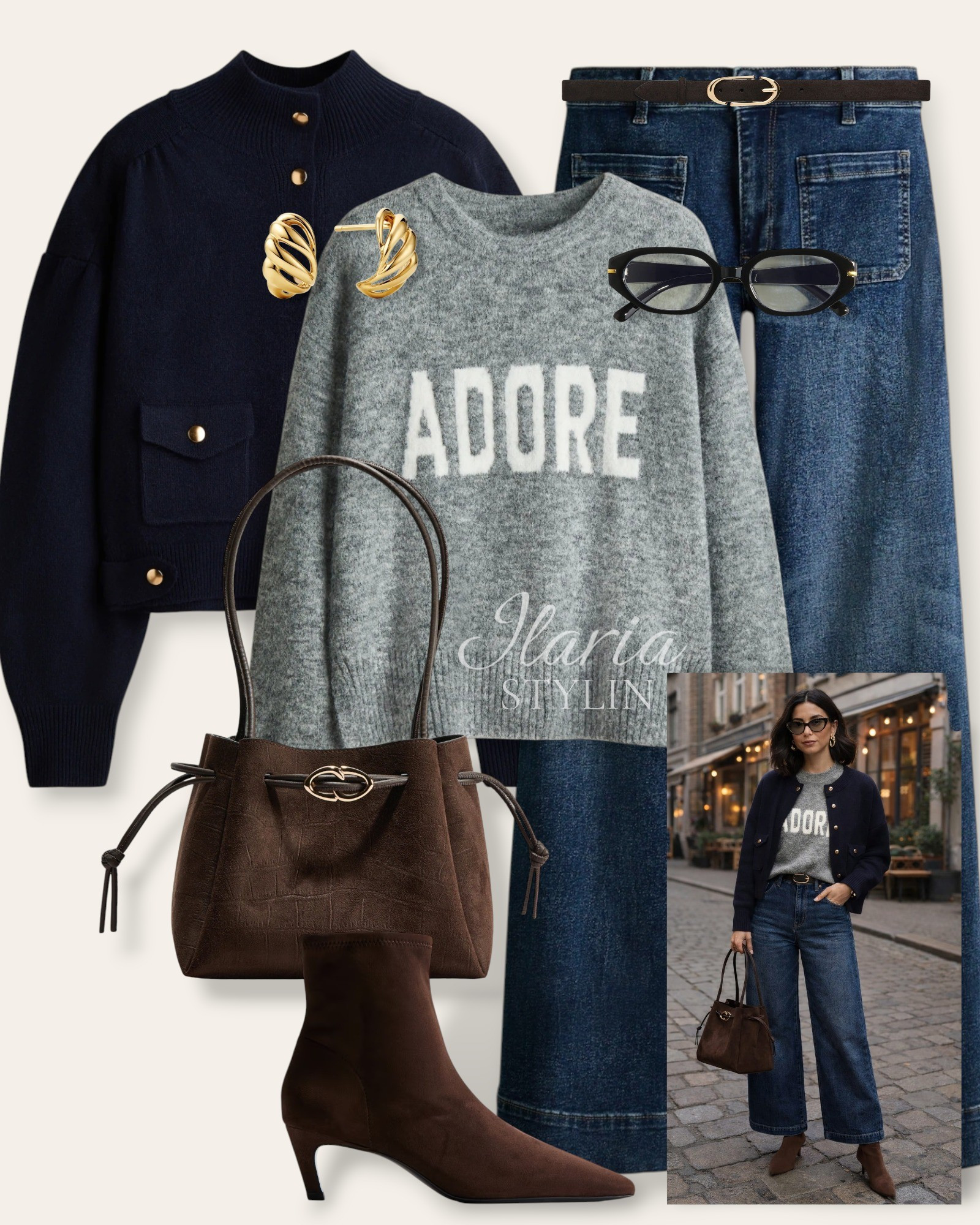 An effortless blend of comfort and polish featuring a navy cardigan,  with a cozy gray  'Adore' sweater, a timeless blue denim, and pointed brown boots, accented with gold jewelry and a rich leather tote  💙🩶

outfit ideas, navy cardigan, oversized cardigan, knit cardigan, gray sweater, graphic sweater, motif sweater, blue jeans, wide leg jeans, brown boots, ankle boots, sock boots, heeled boots, pointed boots, brown bag, suede bag, shoulder bag,casual outfit, casual chic outfit

#LTKootd #LTKSeasonal #LTKWorkwear