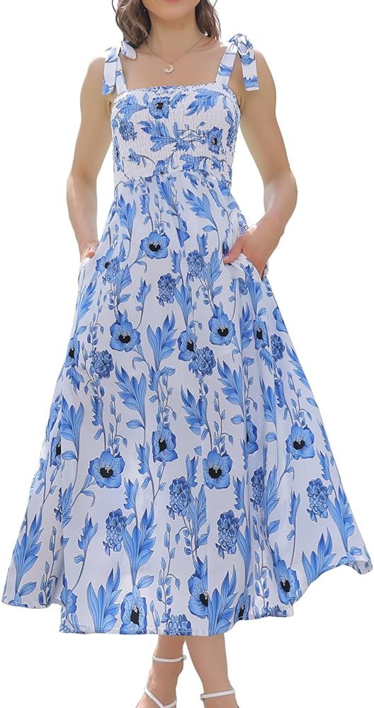 RIROW Women's Summer Maxi Dress - Boho Floral Sundress with Sleeveless Spaghetti Straps A Line Sh... | Amazon (US)