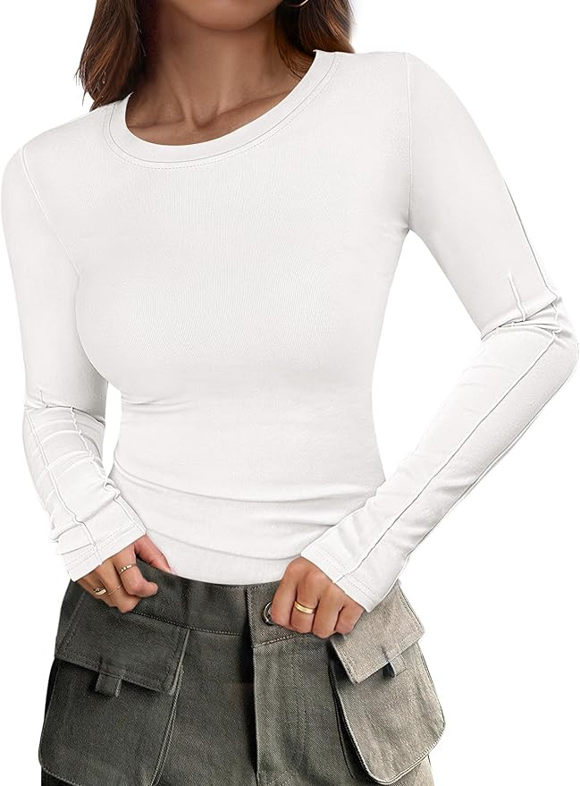 ANRABESS Long Sleeve Shirts for Women Crewneck Rib Knit Slim Fitted Basic Tee Tops Layering Casua... | Amazon (US)