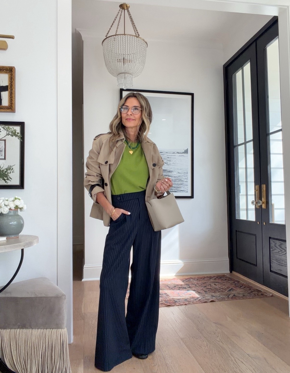 I’m 5’6’’
-J Crew chartreuse  sweater size XS
-Tanya Taylor pinstripe pant size 0, size up if in between. I had them hemmed. Exact pants are on ShopMy https://go.shopmy.us/p-43589827
-Zara shoes TTS
-Sequin jewelry discount code Tammy20
-BenaarLA cinched waist trenchcoat TTS

#LTKOver40 #LTKSeasonal #LTKootd