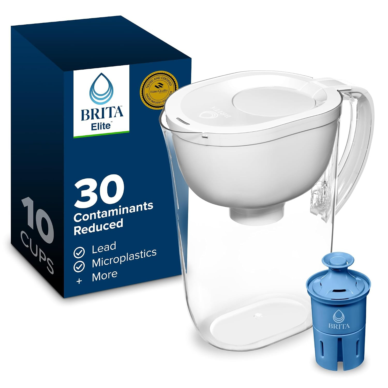 Brita Large 10-Cup Elite Water Filter Pitcher, WQA NSF/ANSI Certified, Reduces 99% of Lead, Microplastics, & 30 Contaminants, BPA-Free, Removes Chlorine Taste & Odor, 1 Filter Included, White | Amazon (US)