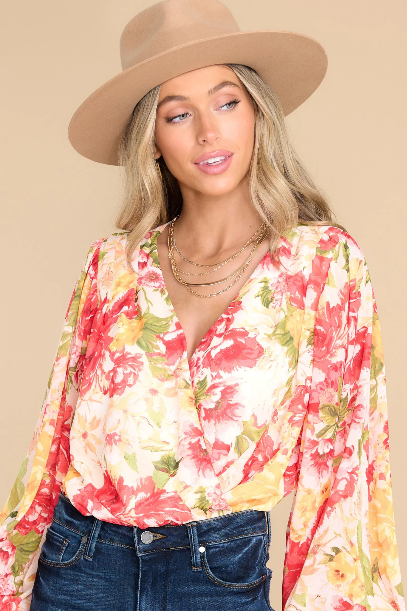 Blossom Out Red Multi Floral Print Bodysuit | Red Dress 