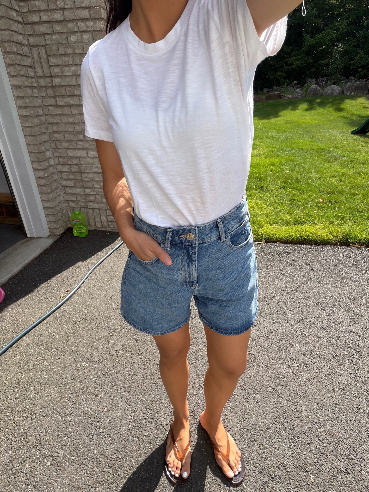 These are the best mom shorts! Stay true to size. And I love how comfy these jelly thong sandals are!

#LTKootd #LTKmomlife #LTKPetite
