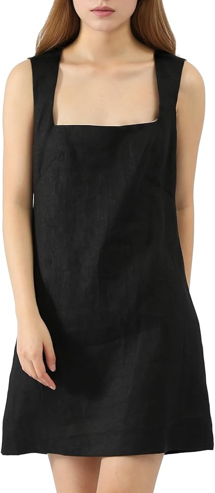 Women 100% Linen Mini Dress with Sleeveless Square Neck Breathable Back Zipper A-Line Summer Dres... | Amazon (US)