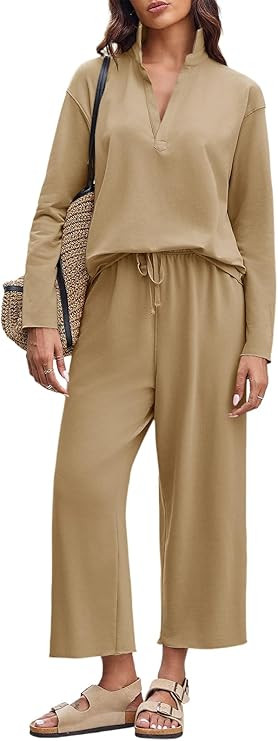 Imily Bela Womens 2 Piece Outfits Sweatsuit Long Sleeve Lapel V Neck Shirt and Wide Leg Pants 202... | Amazon (US)