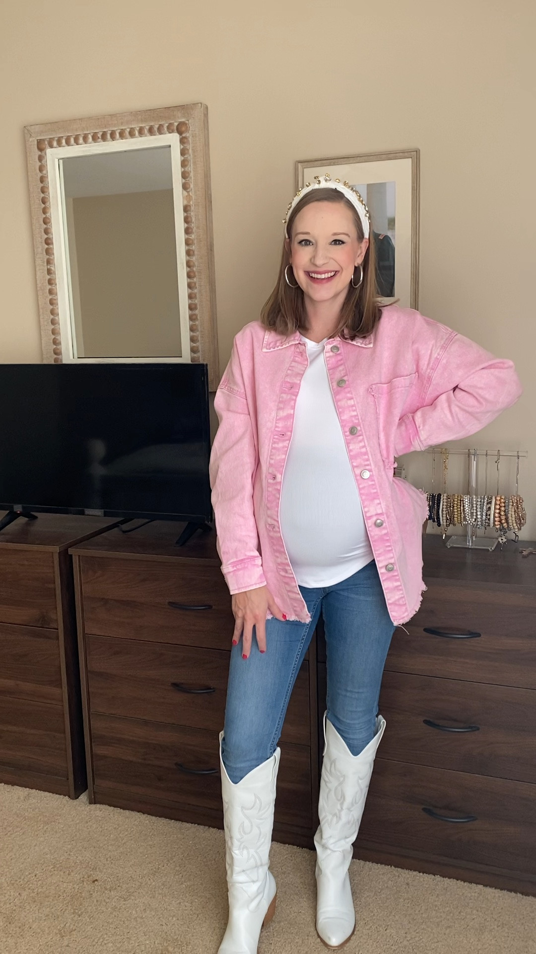 Pink shacket at Walmart styled with white western cowboy boots and a beaded headband! Cute outfit idea for country concerts! Western style! Country style! 