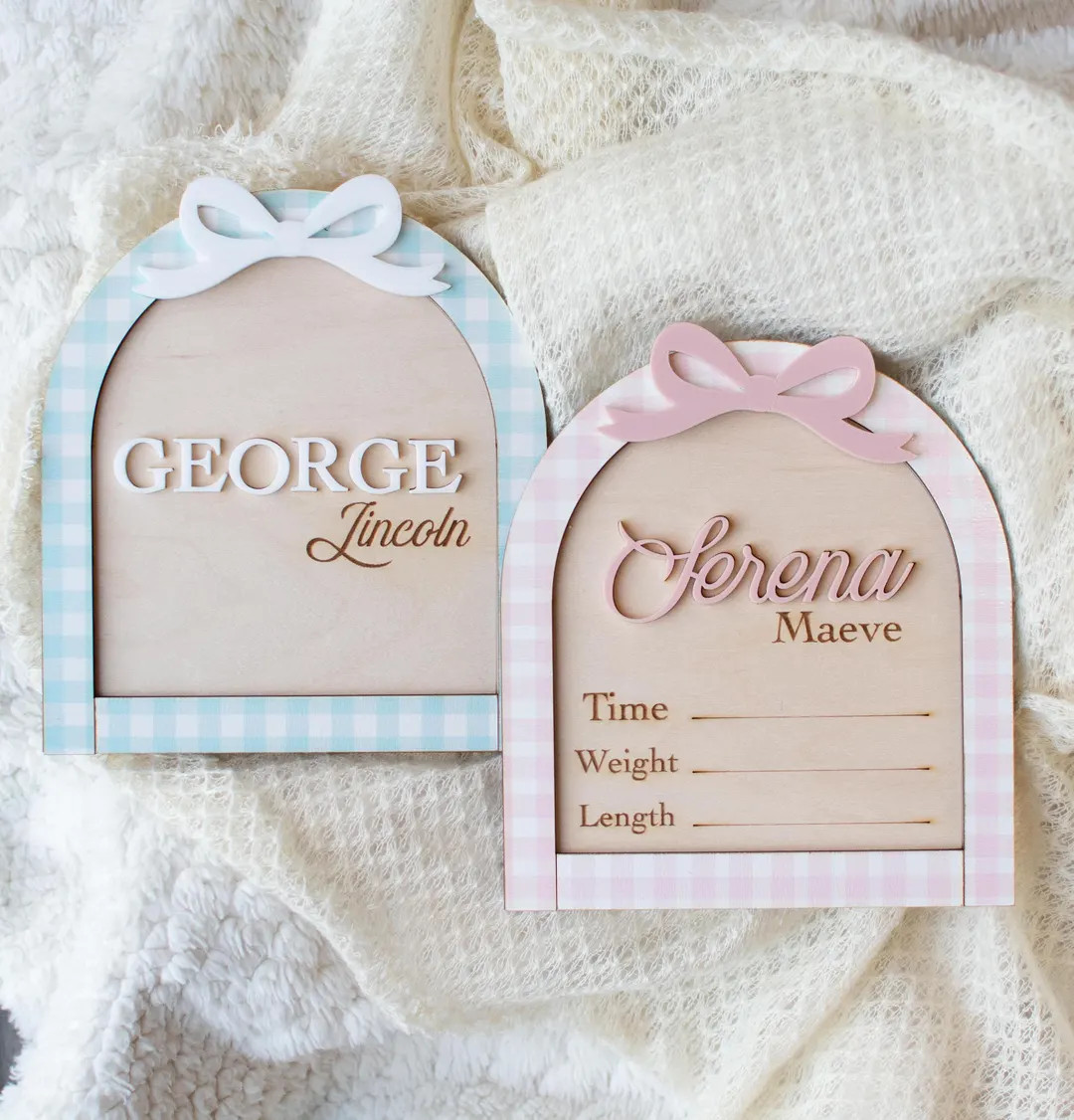 Blue and Pink Gingham Birth Announcement Sign for Hospital/ Arch Newborn Wood Stat and Milestone ... | Etsy (US)