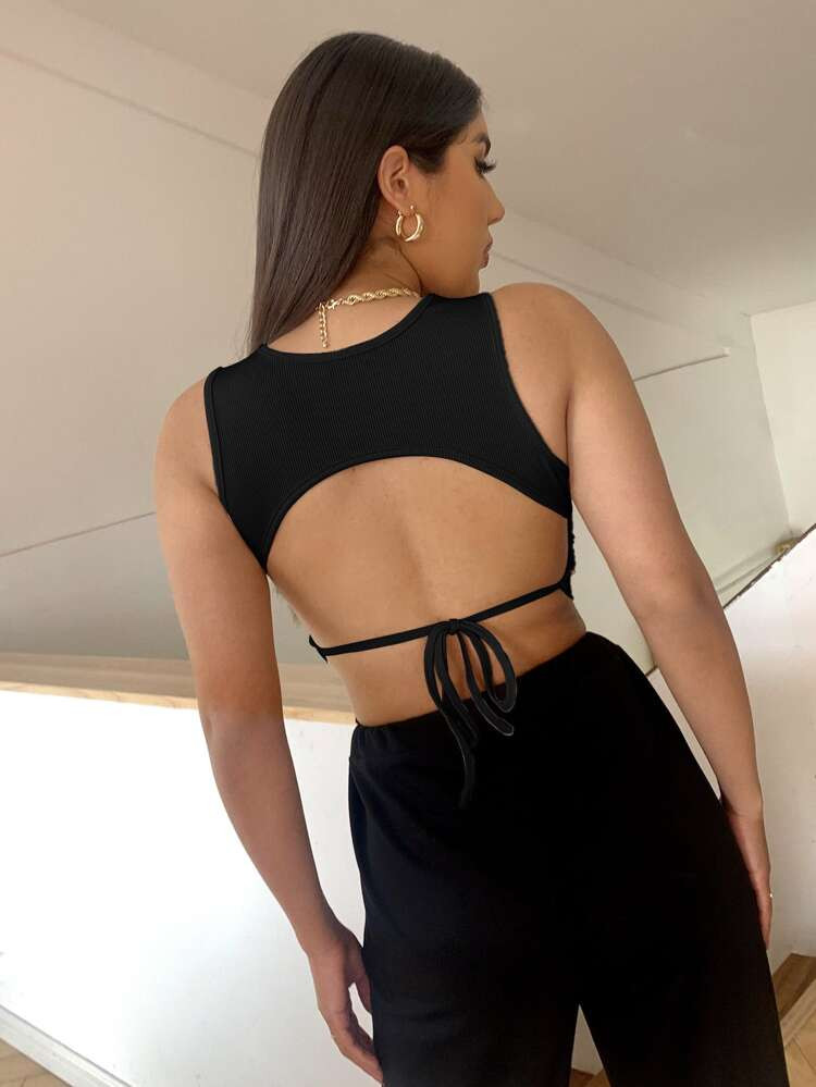 Tied Backless Rib-knit Tank Crop Top | SHEIN