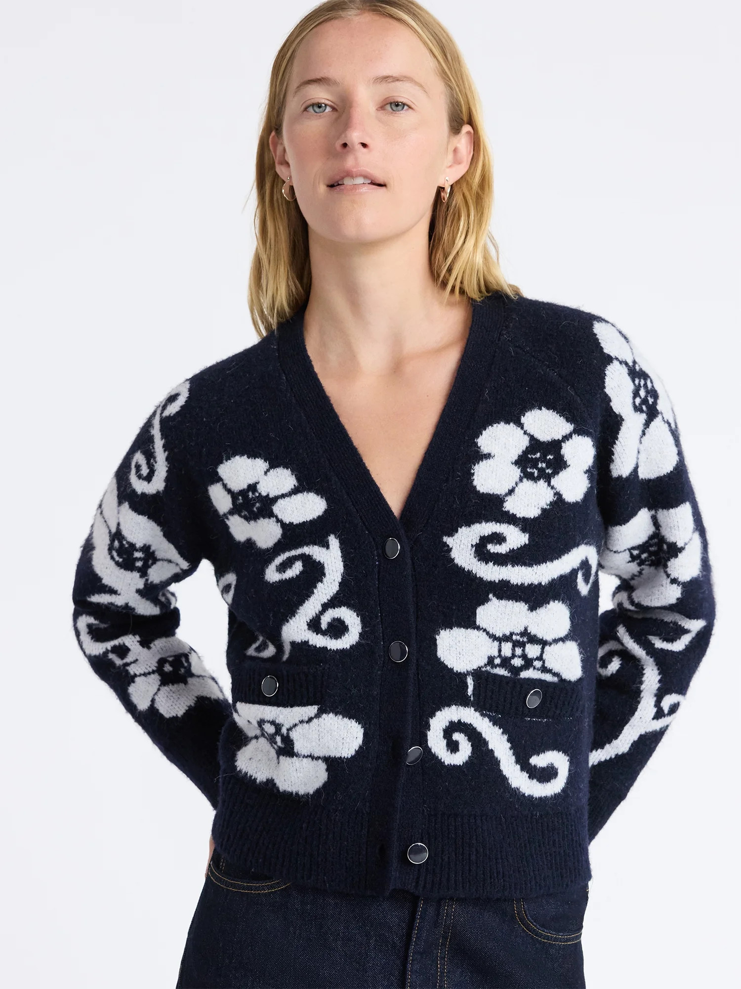 Free Assembly Women’s Floral Pattern V-Neck Cardigan Sweater, Midweight, Sizes XS-XXL | Walmart (US)