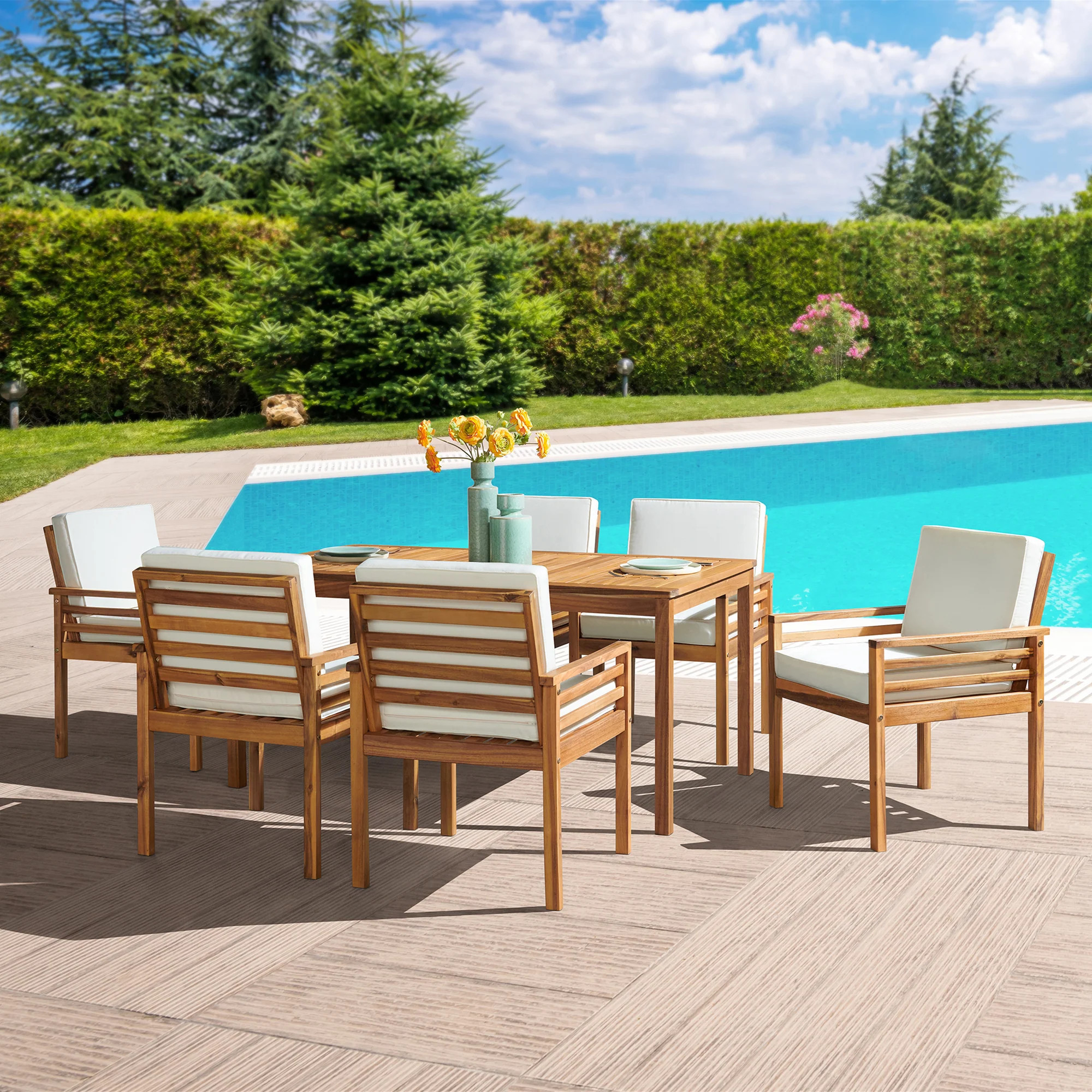 Cream Fabric FCR Okemo Acacia Wood Outdoor 7-piece Outdoor Dining Set | Pier 1