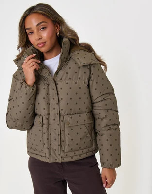 Threadbare Cropped Funnel Neck Puffer Coat in Mink Brown Polka Dot | Threadbare UK