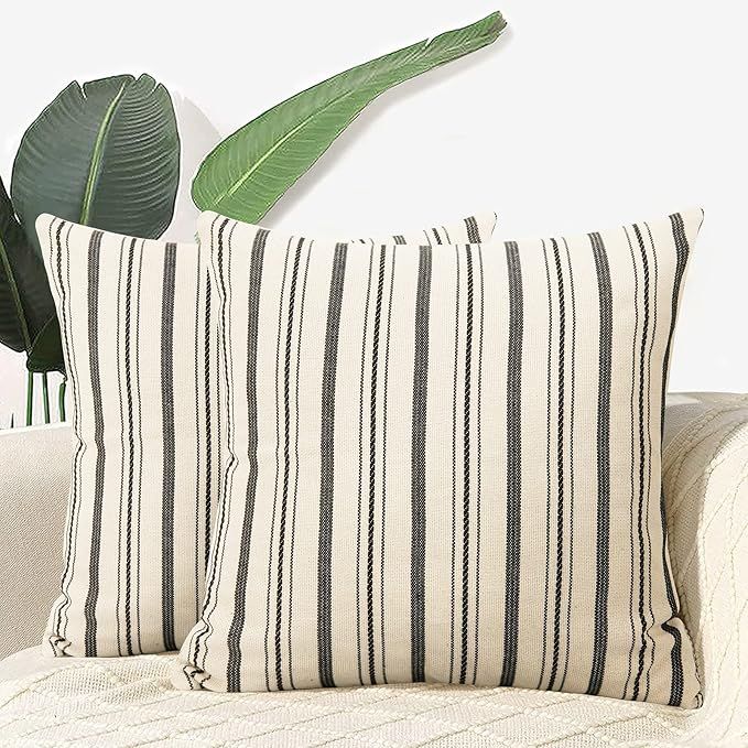 Cygnus 18x18 Throw Pillow Covers: 2 Pack Farmhouse Striped Cotton Linen Decorative Pillow Covers,... | Amazon (US)