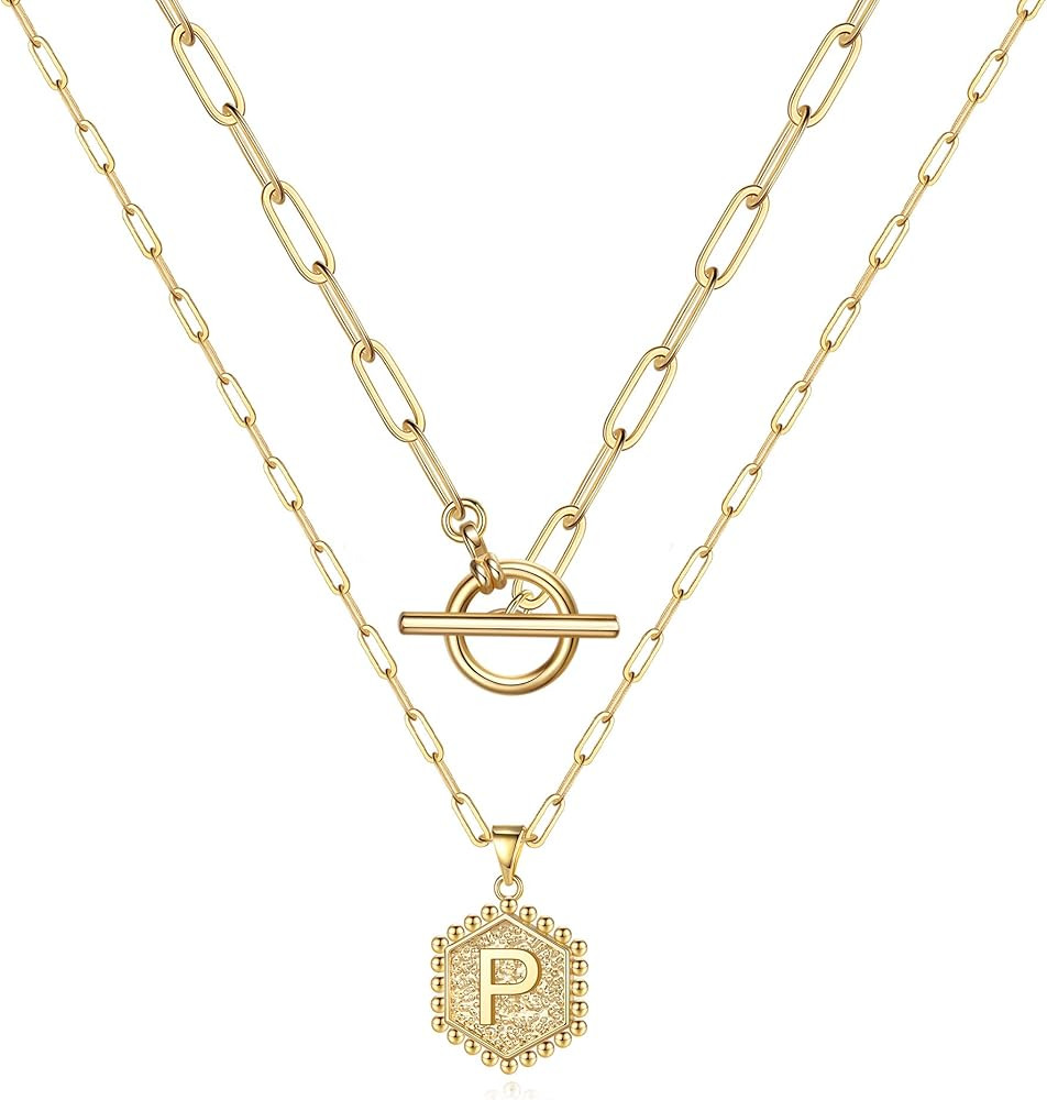 M MOOHAM Gold Initial Necklaces for Women, 14K Real Gold Plated Layered Initial Necklace Hexagon ... | Amazon (US)