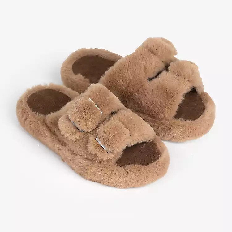 Medium Tan Buckle Fur Slide Slippers | Kirklands Home | Kirklands
