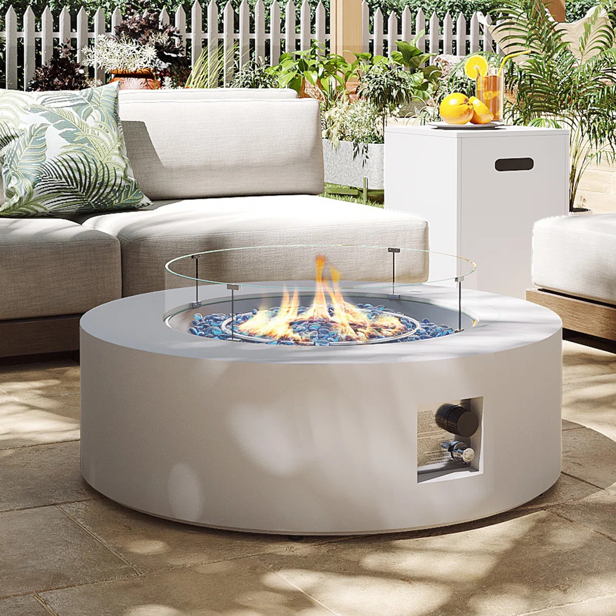 50,000 BTU 42 in. Round Iron Propane Fire Pit Table with Tank Cover and Glass Wind Guard in White | Wayfair North America