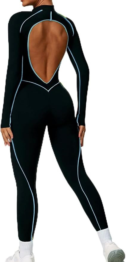 AEEZO Womens Sexy Blackless Long Sleeve Padded Workout Jumpsuit Contrast Stitch Yoga Rompers Zip ... | Amazon (US)