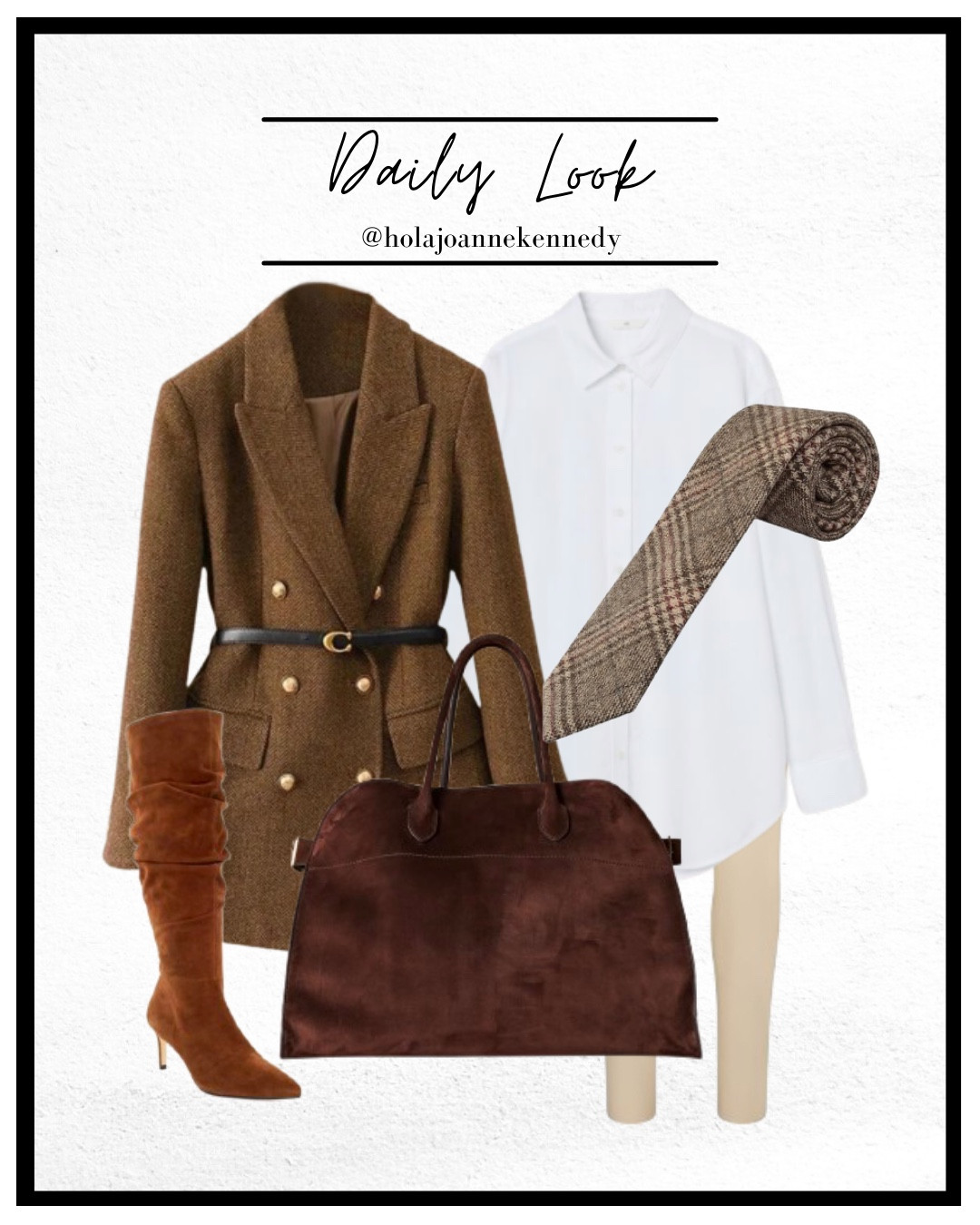 Tweed blazer, horse riding outfit, horse riding style, riding blazer, brown suede bag, bowling bag, cream leggings, neutral leggings outfit, beige leggings, brown suede boots, kitten heel knee high boots brown, tweed tie, plaid tie, masculine energy outfit, white shirt styling, old English outfit, old money outfit idea, equestrian outfit idea 

#LTKstyletip #LTKuk #LTKFashionMonth