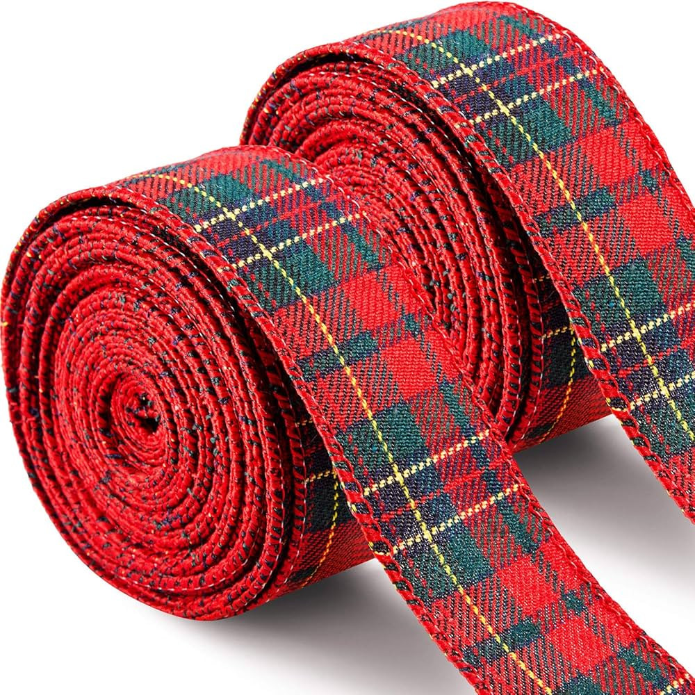 2 Rolls 20 Yards Christmas Plaid Burlap Ribbon Wired Edge Gingham Wrapping Ribbon Red and Green P... | Amazon (US)