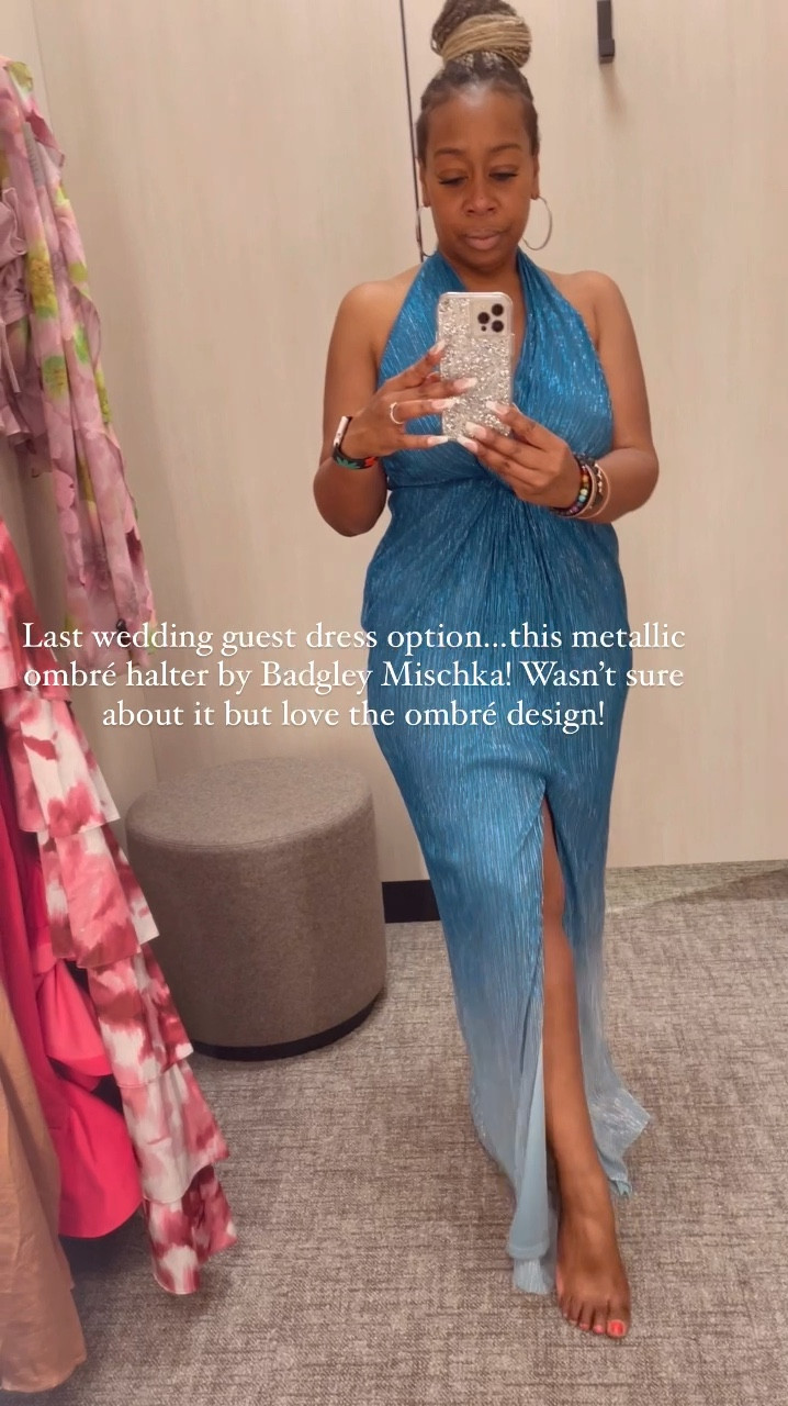 Last wedding guest dress option…this metallic ombré halter by Badgley Mischka! Wasn’t sure about it but love the ombré design! 

#LTKWedding #LTKOver40 #LTKVideo