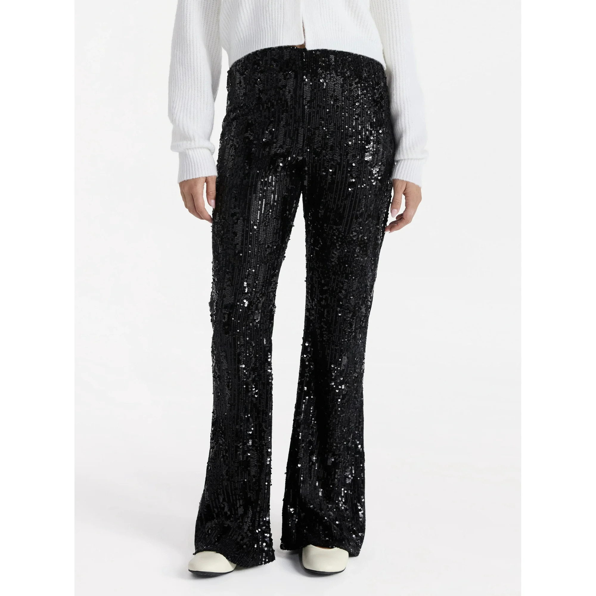 No Boundaries Sequin Flare Pants, Women's and Women's Plus | Walmart (US)