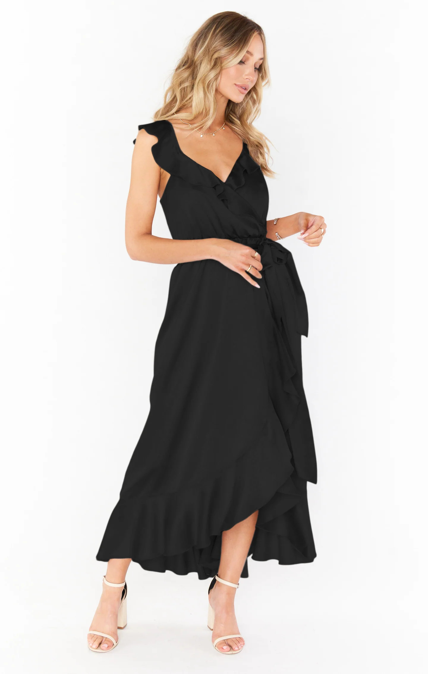 Samantha Ruffle Wrap Dress, in Black Luxe Satin, Size: Large | Show Me Your Mumu | Show Me Your Mumu